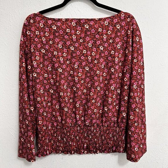 Ann Taylor Red Pink Dainty Floral Bouse Top Smocked Waist Bell Sleeves Size M - Picture 8 of 10